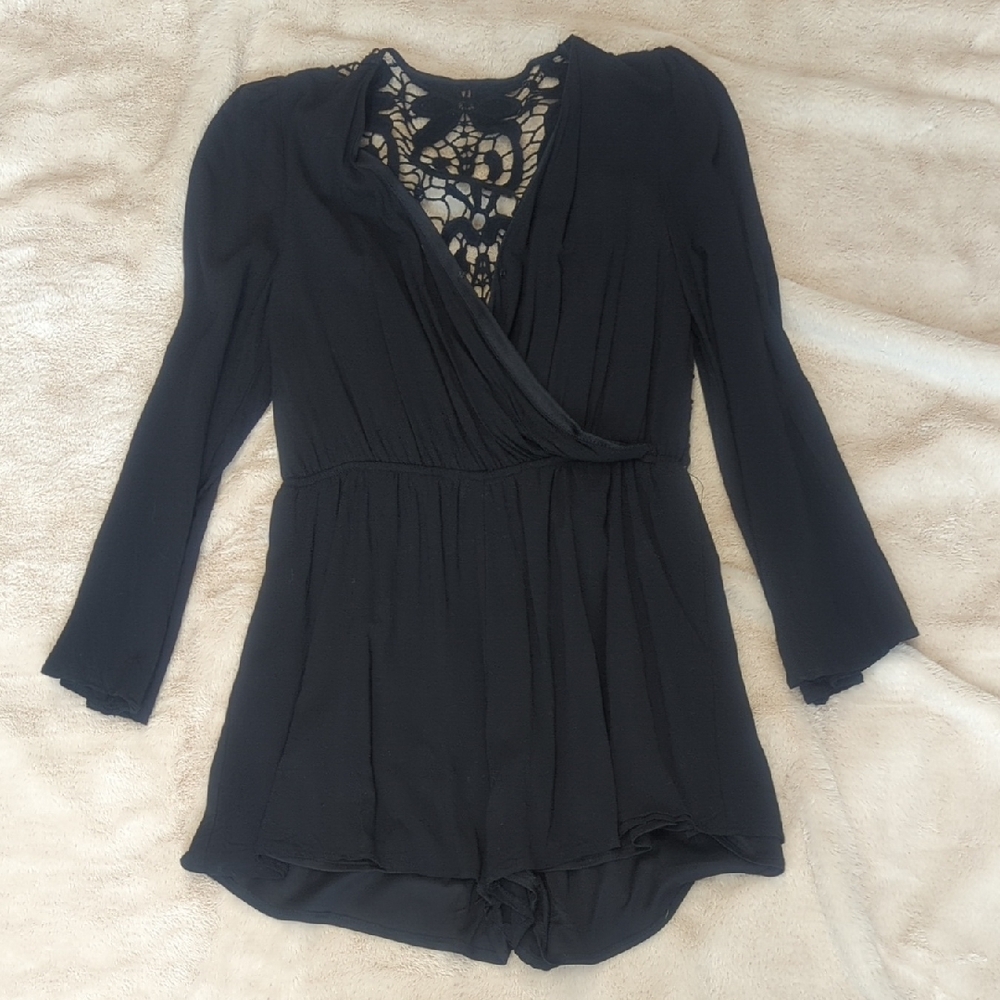 Buttons Black Wrap Lace Back Jumpsuit